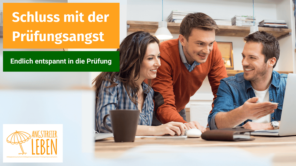 2 Männer und 1 Frau (Studenten) lernen für Ihre Prüfung bzw. Exam, Selbstbewusst und Zuversichtlich